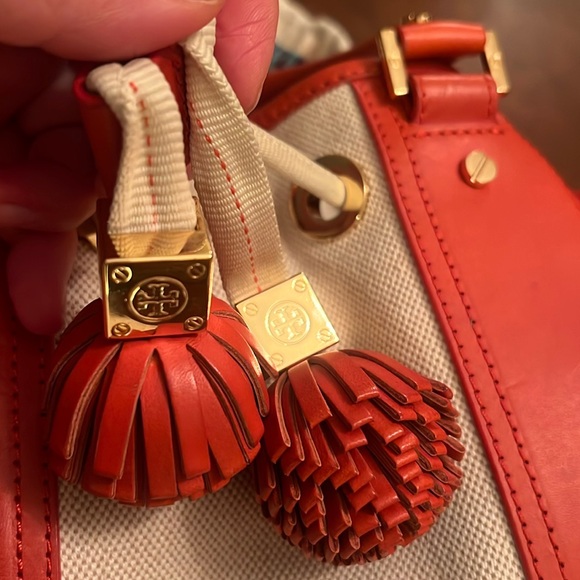 Tory Burch Leather Canvas Bucket HandBag Drawstring Tote Orange Beige Gold - Picture 8 of 13